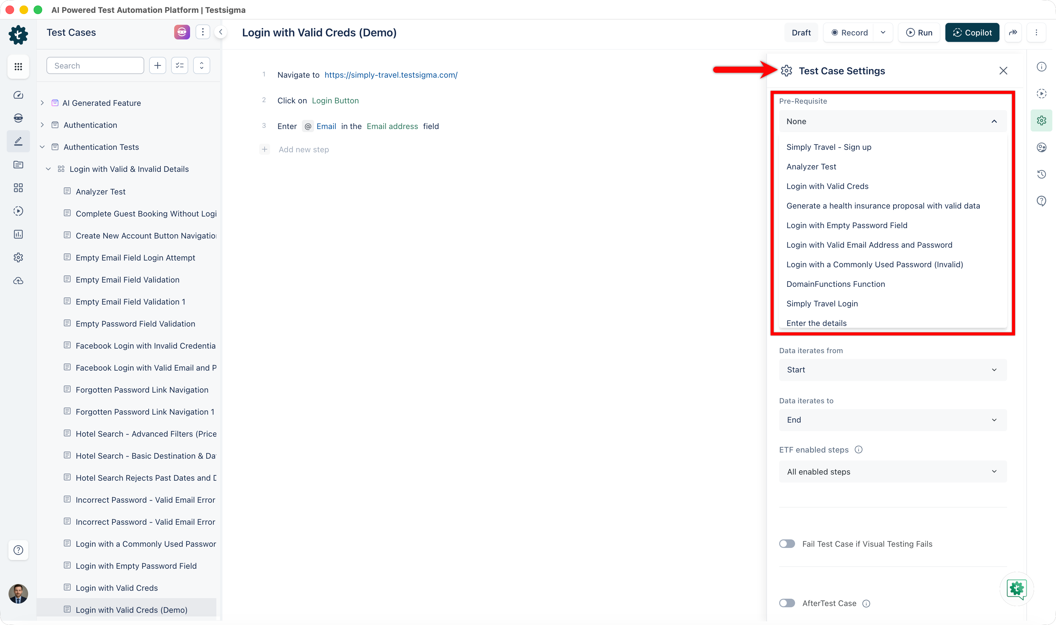 select prerequiste for test case