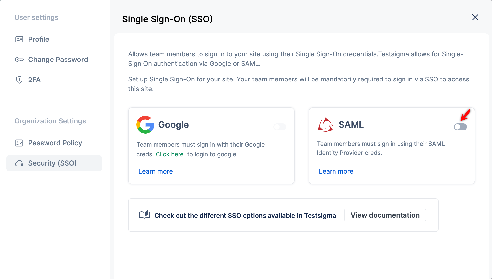 Choose identity provider as SAML