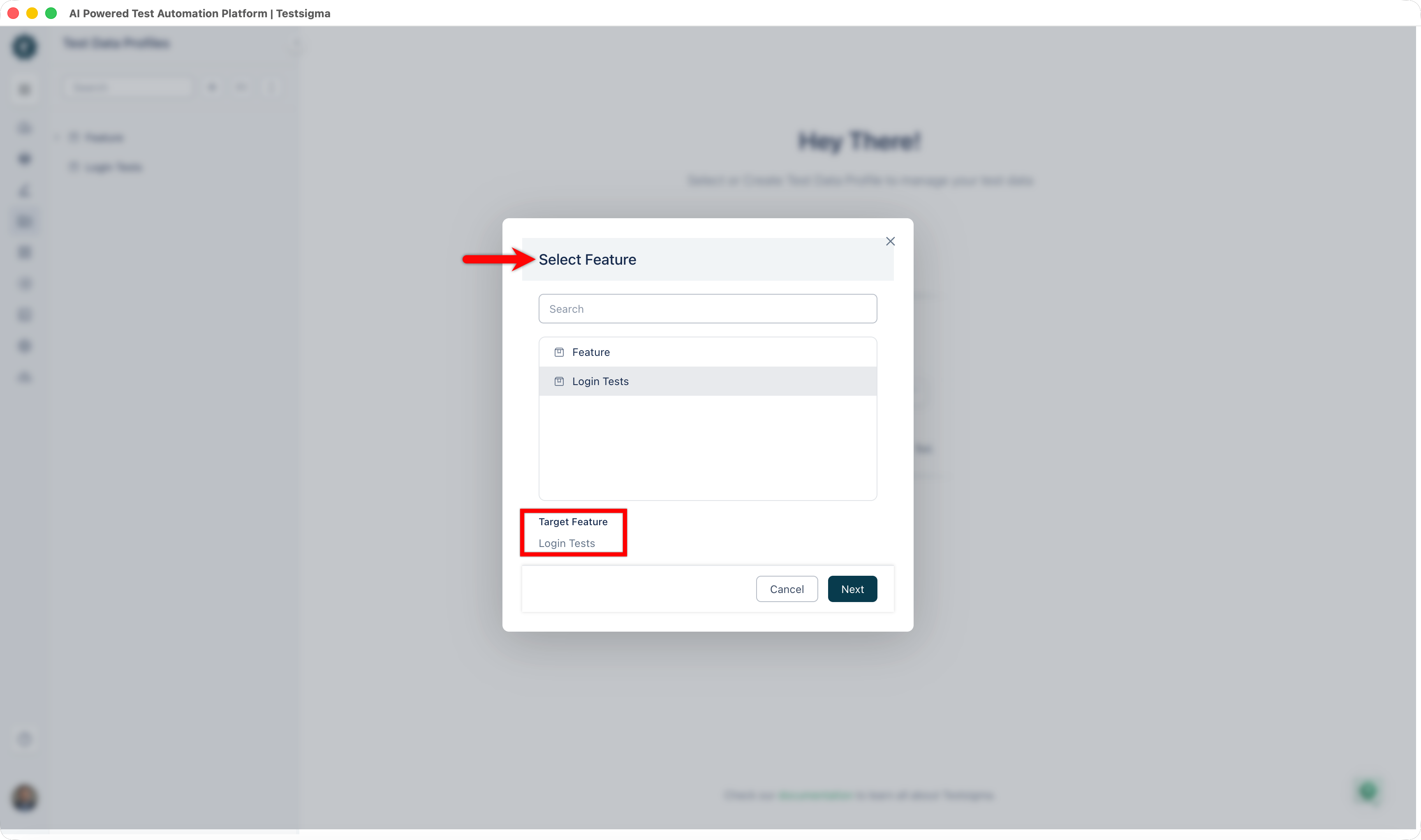 select feature for scenario in select feature dialog