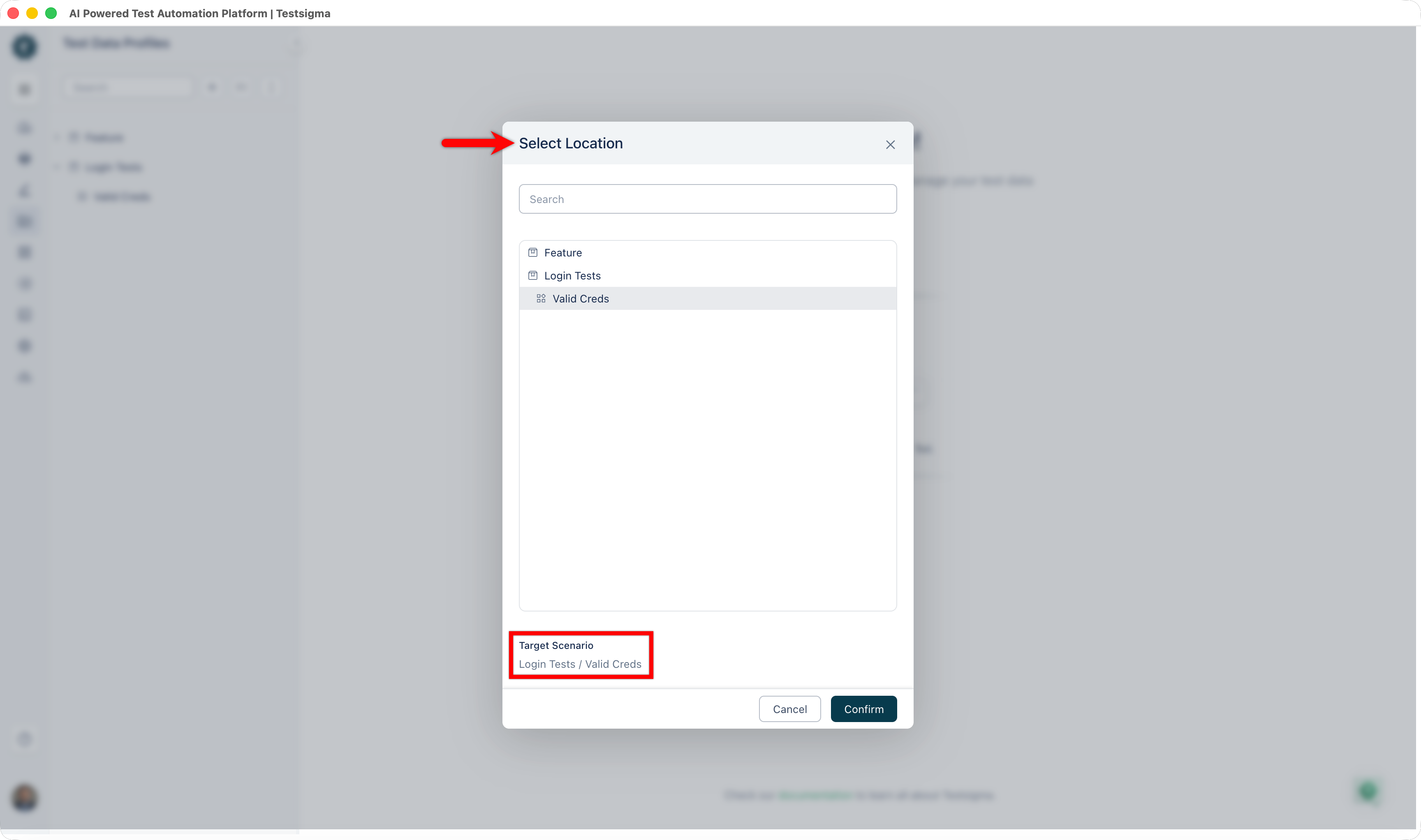 select feature and scenario in select location dialog