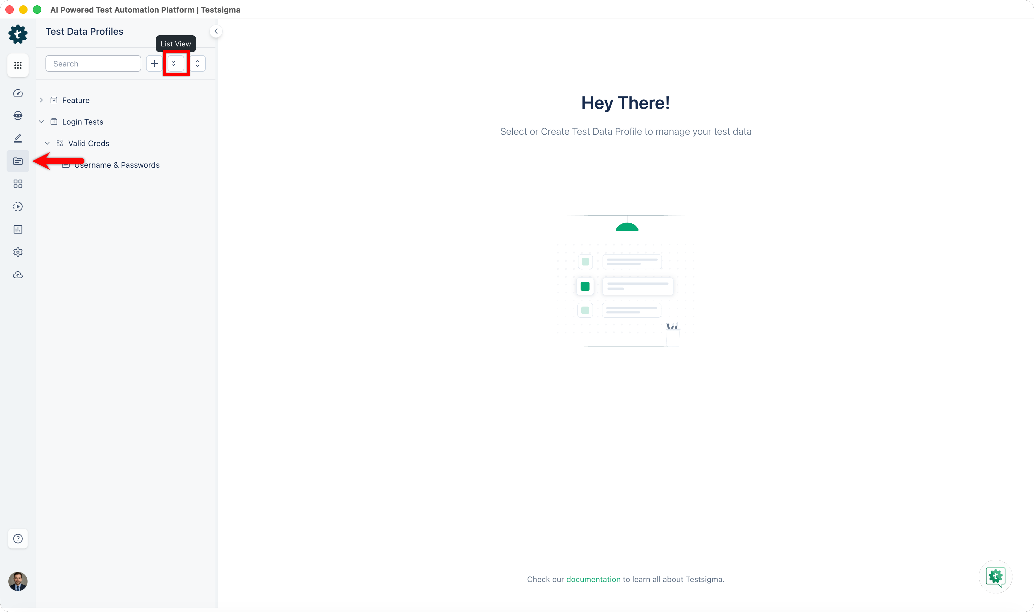 navigate to test data profiles from left navigation bar & open list view
