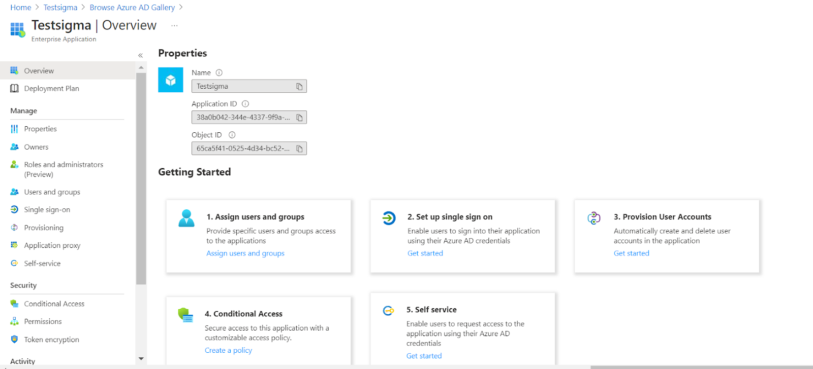 Testsigma properties on Azure