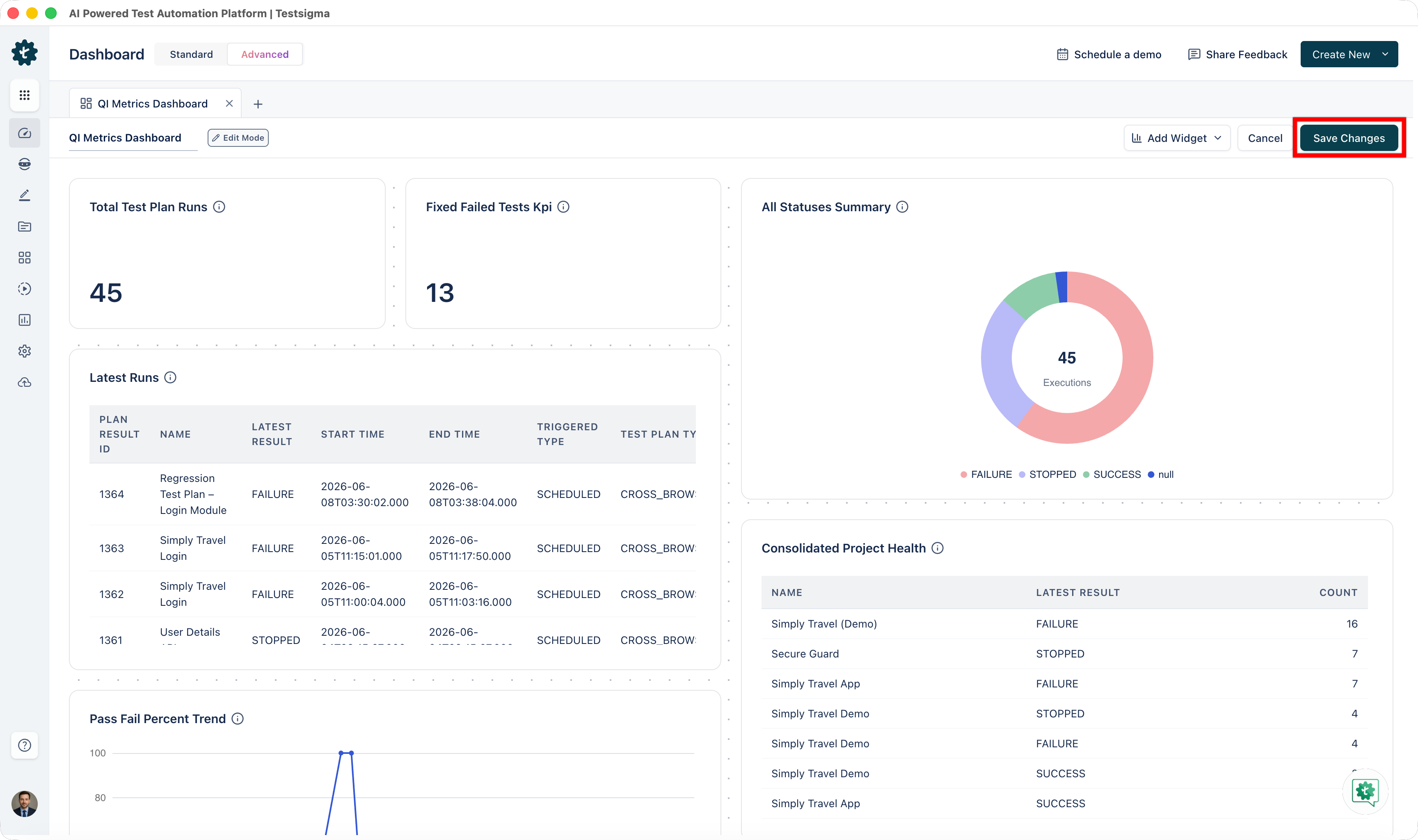 Saving Dashboard Changes