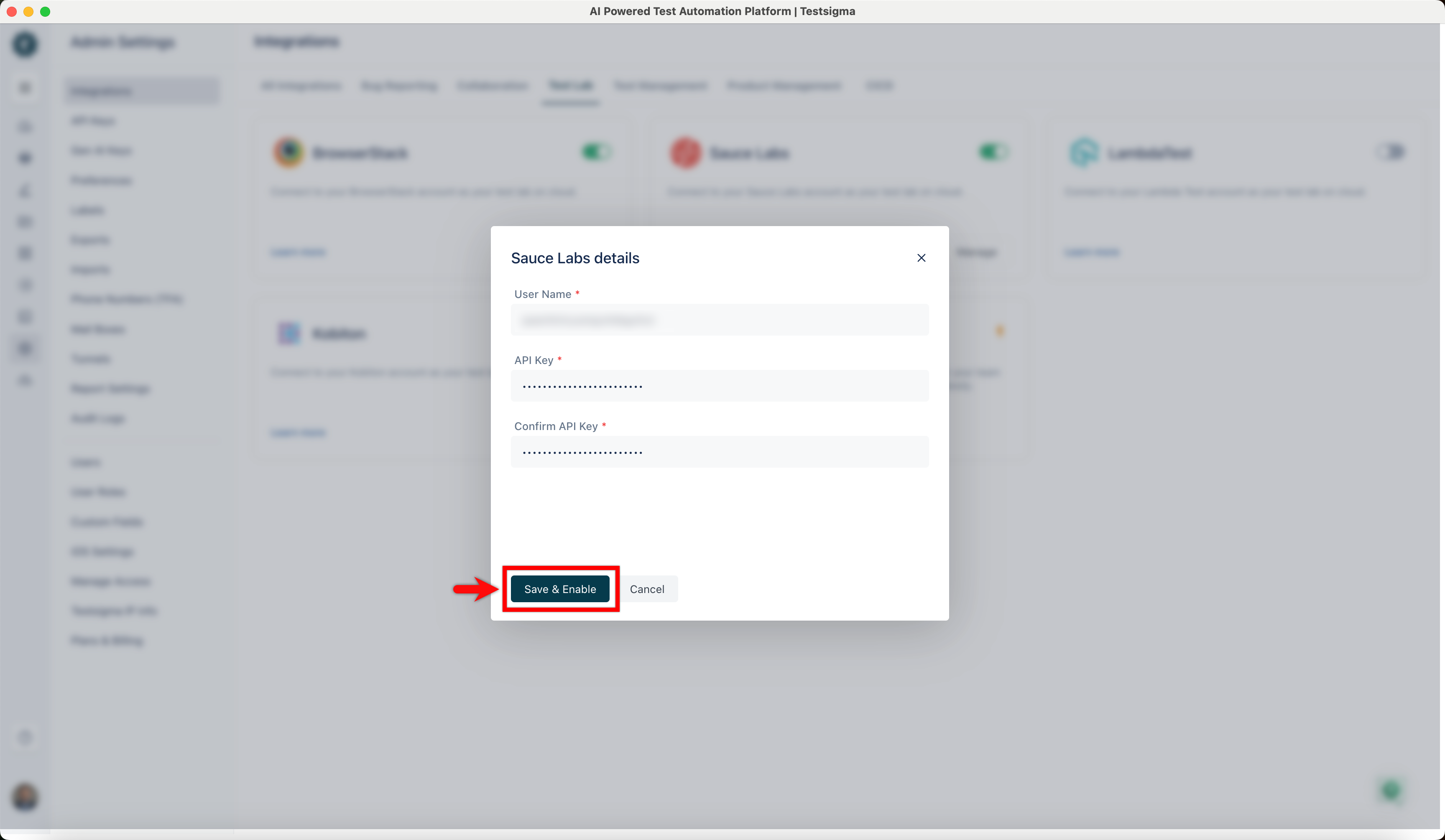 Add credentials for new test lab in Testsigma