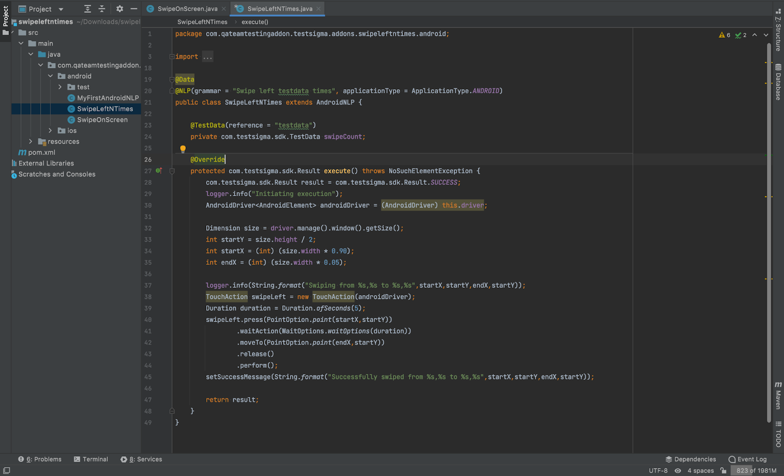 Updated code for Testsigma Android Swipe Left add-on in IDE