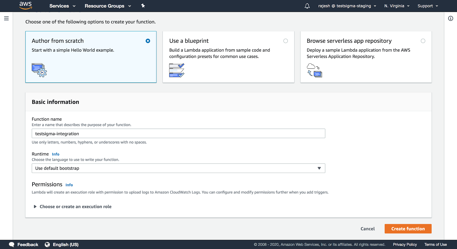 enter basic information to create function in AWS Lambda