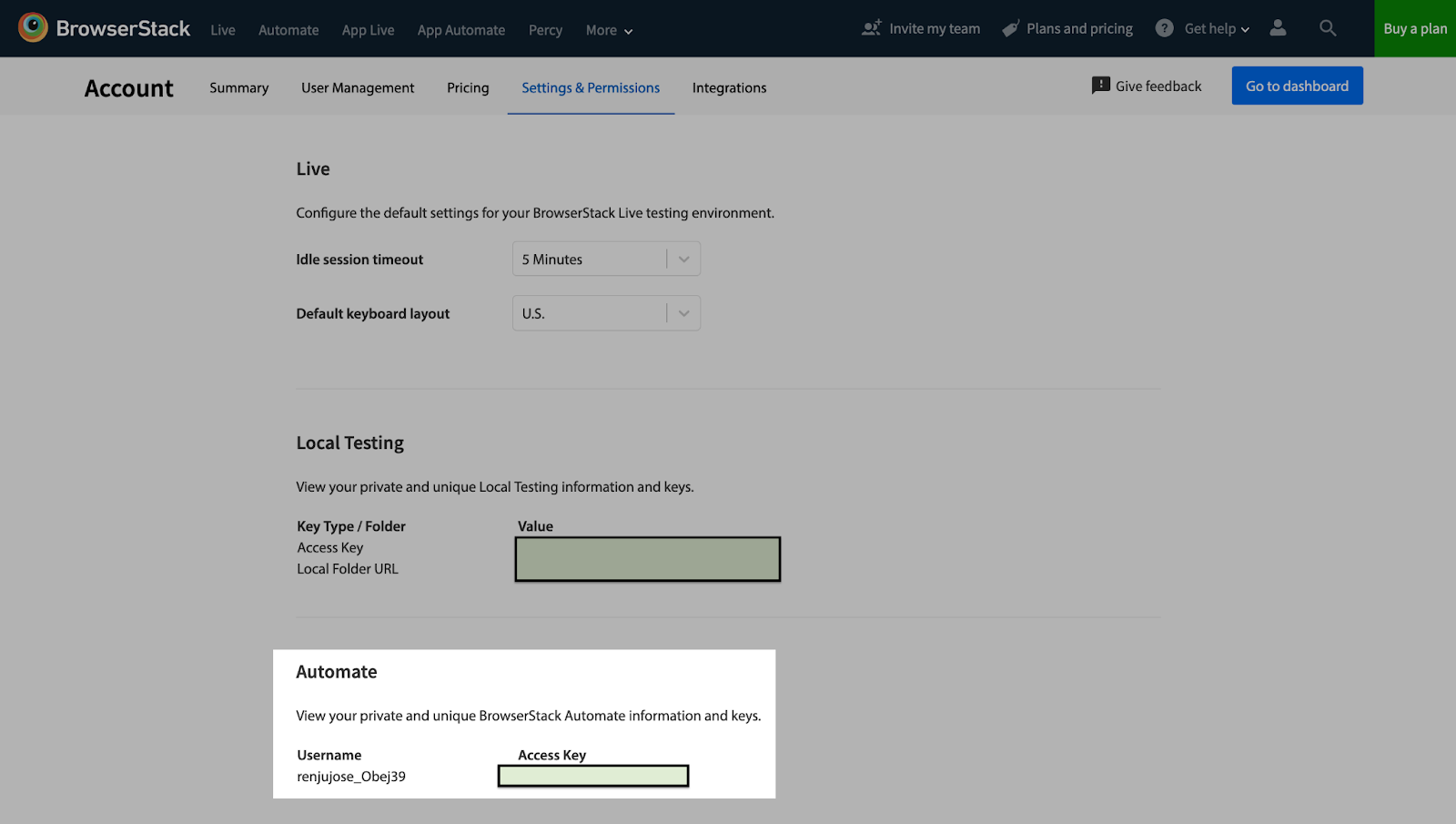 BrowserStack Account Settings
