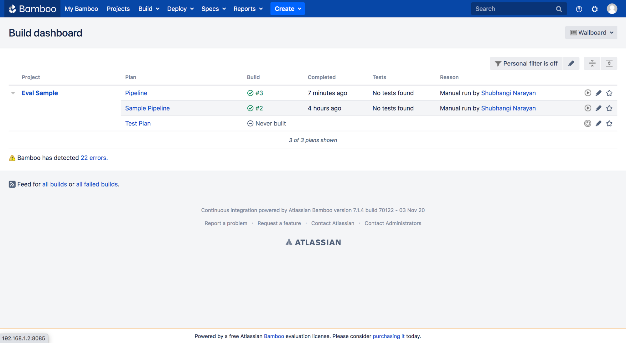Build Dashboard page in Bamboo CI