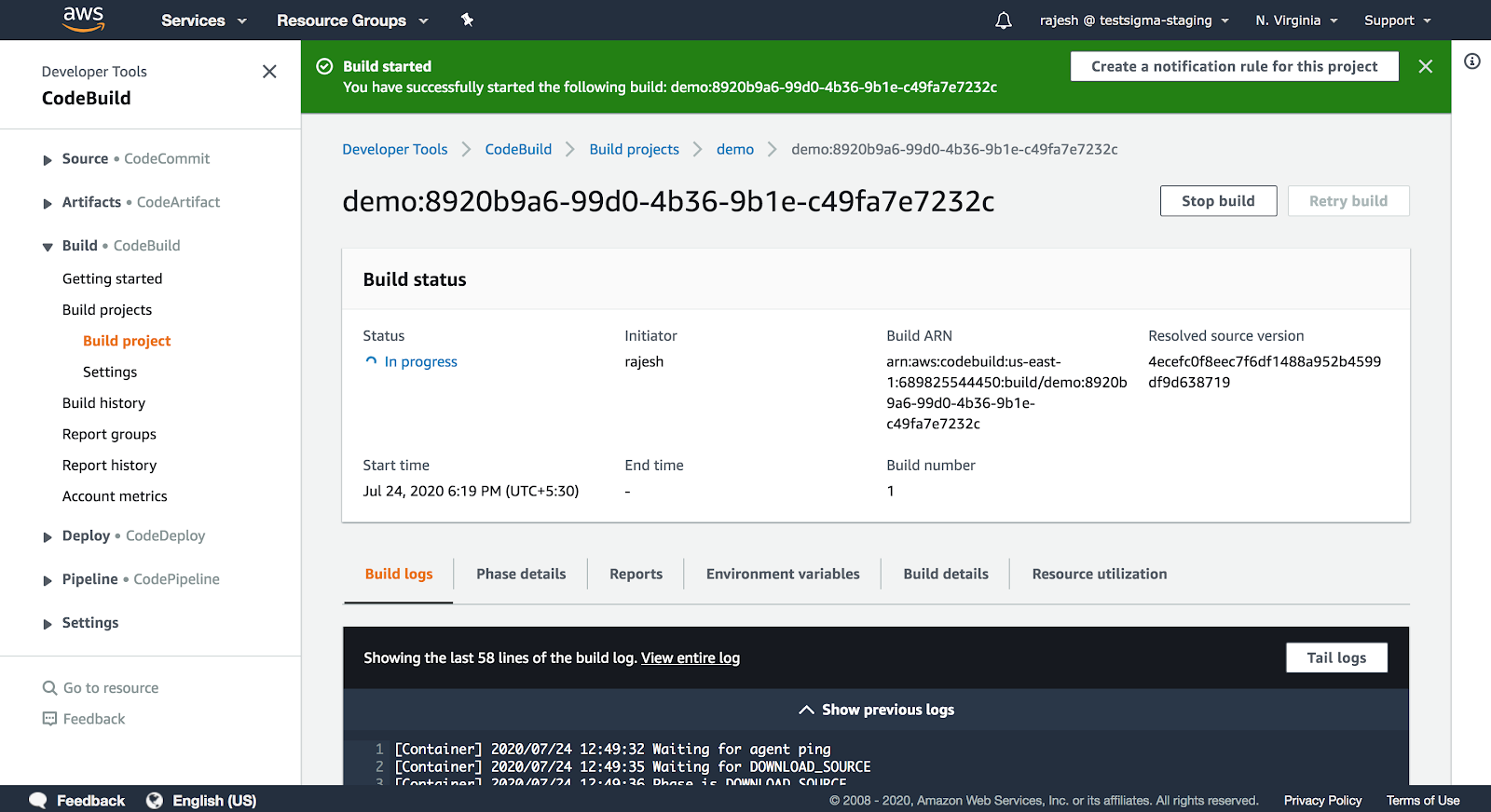 build progress in AWS DevOps