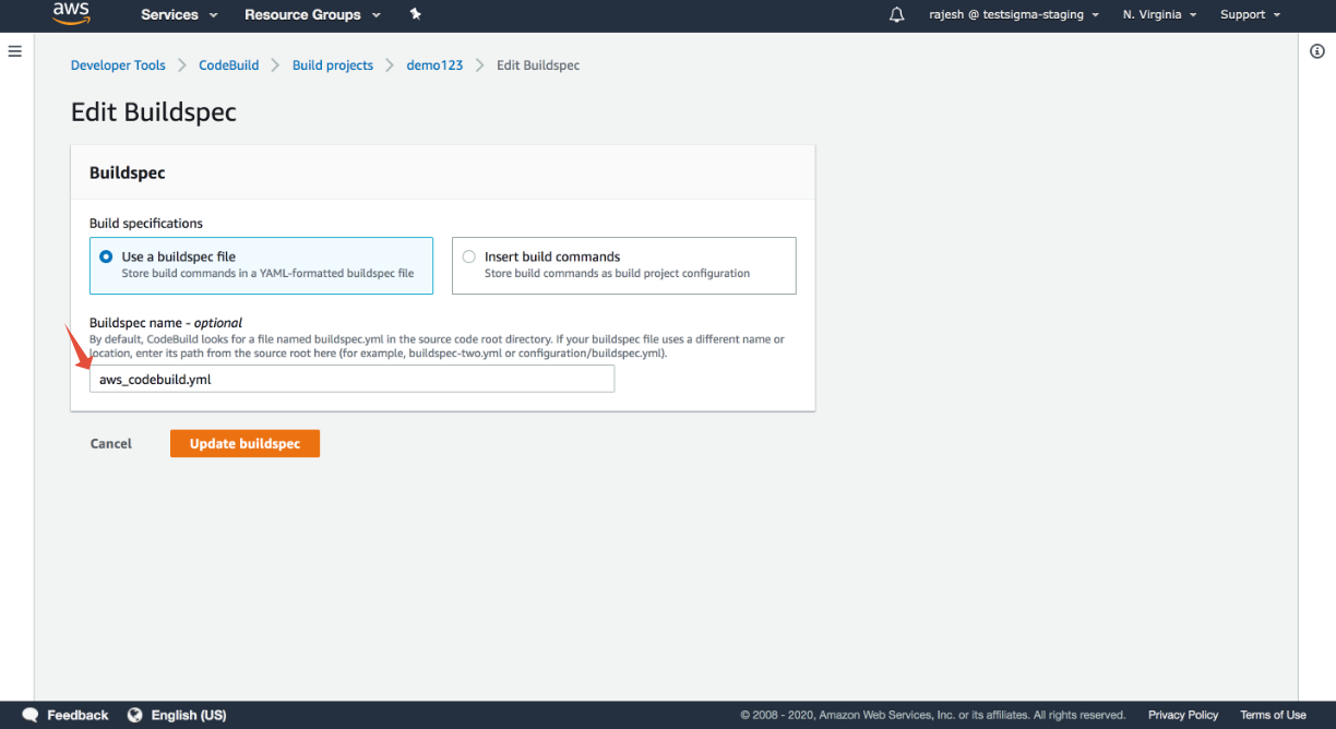 add yml file in buildspect in AWS DevOps