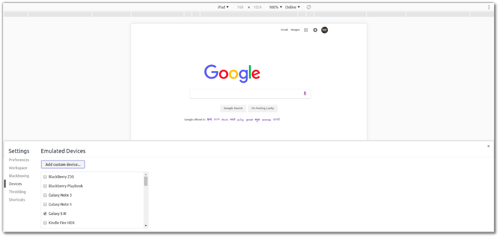 Chrome Dev tools Mobile view custom device