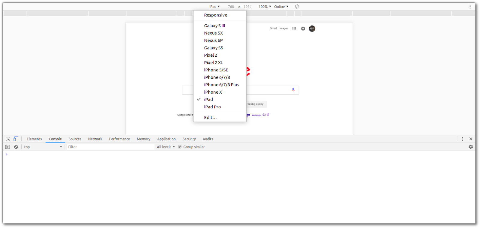 Chrome Dev tools Mobile view devices
