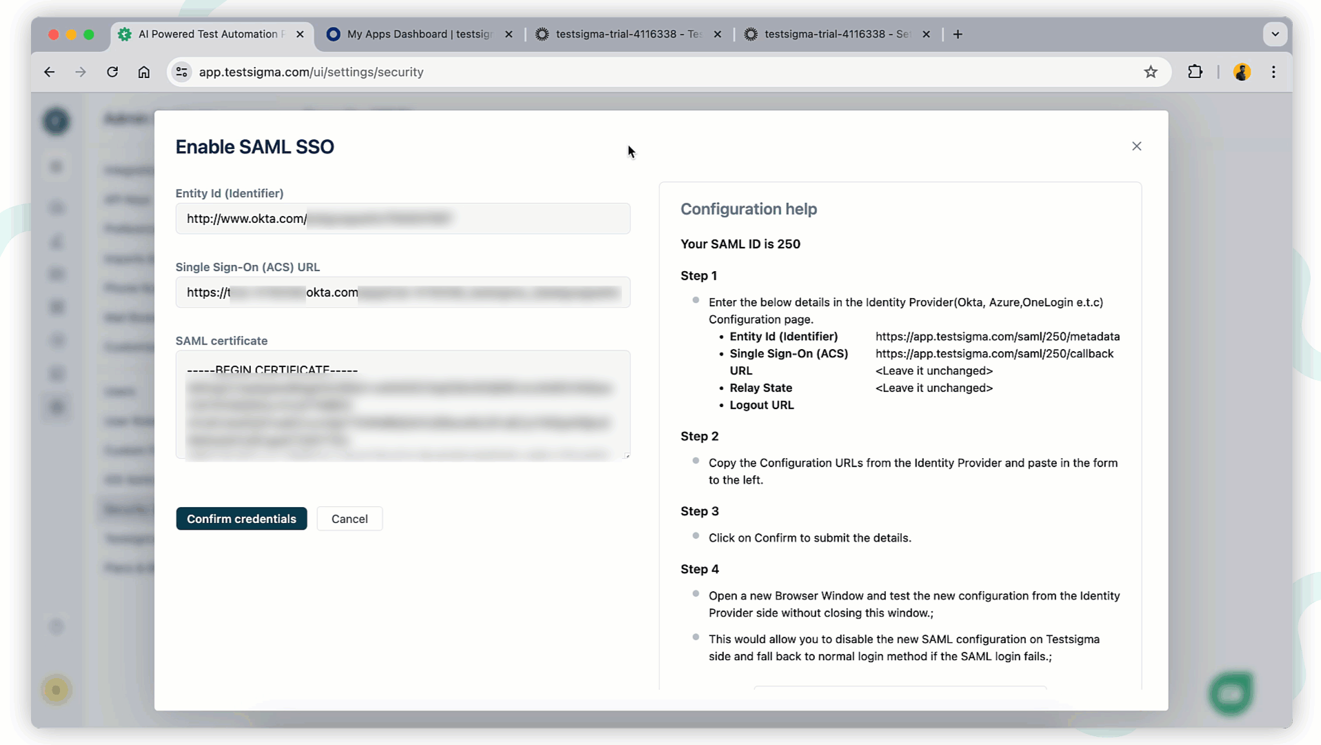 config testsigma for okta sso