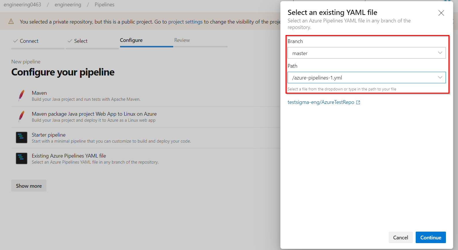Select existing pipeline while configuring an existing YAML file in Azure DevOps