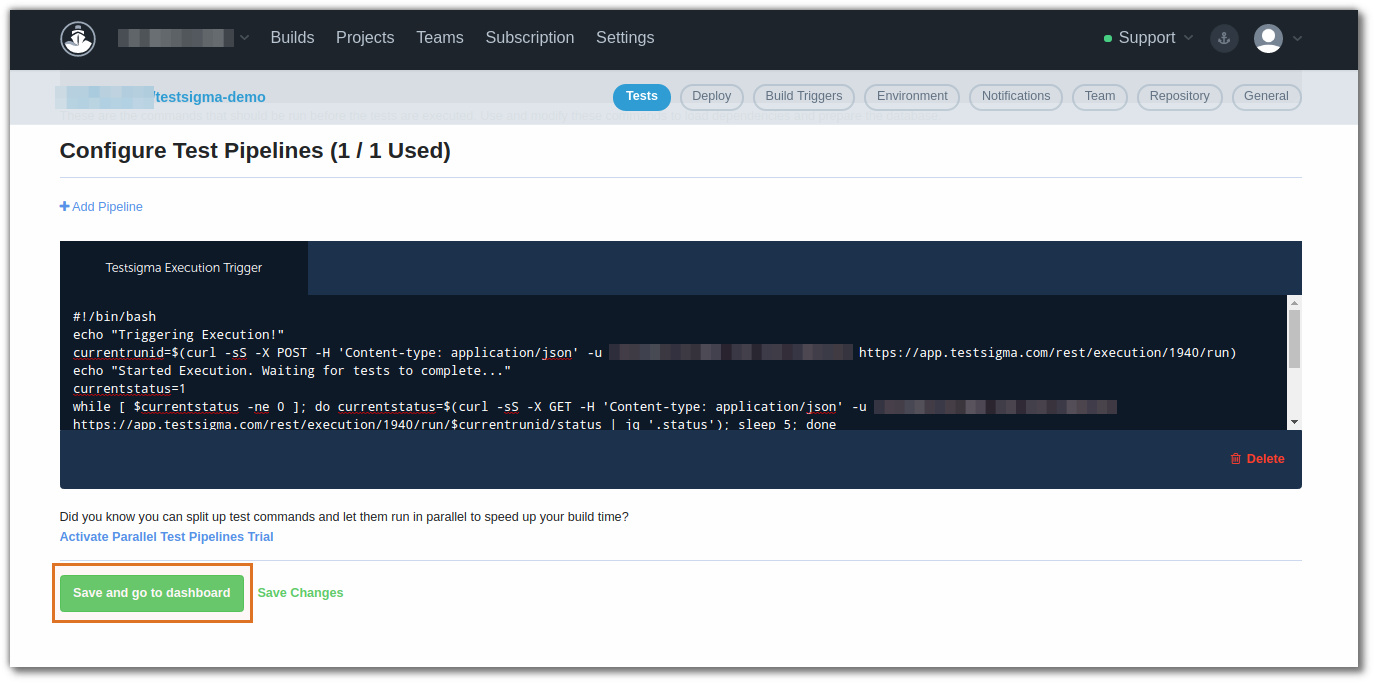 Configure test pipelines, save and go to dashboard button in codeship CI