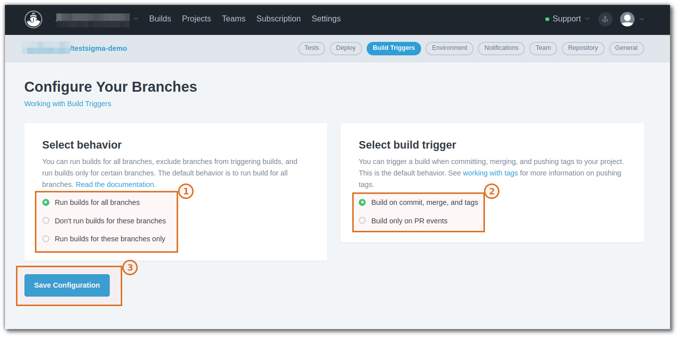 configure your branches in codeship CI