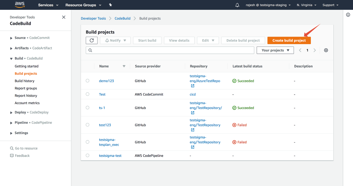 create build project button in AWS Devops