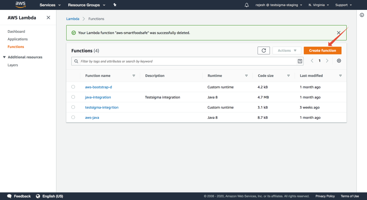 create function button in AWS Lambda