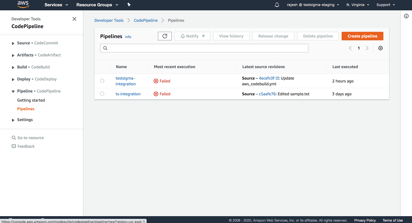 create pipeline in AWS DevOps