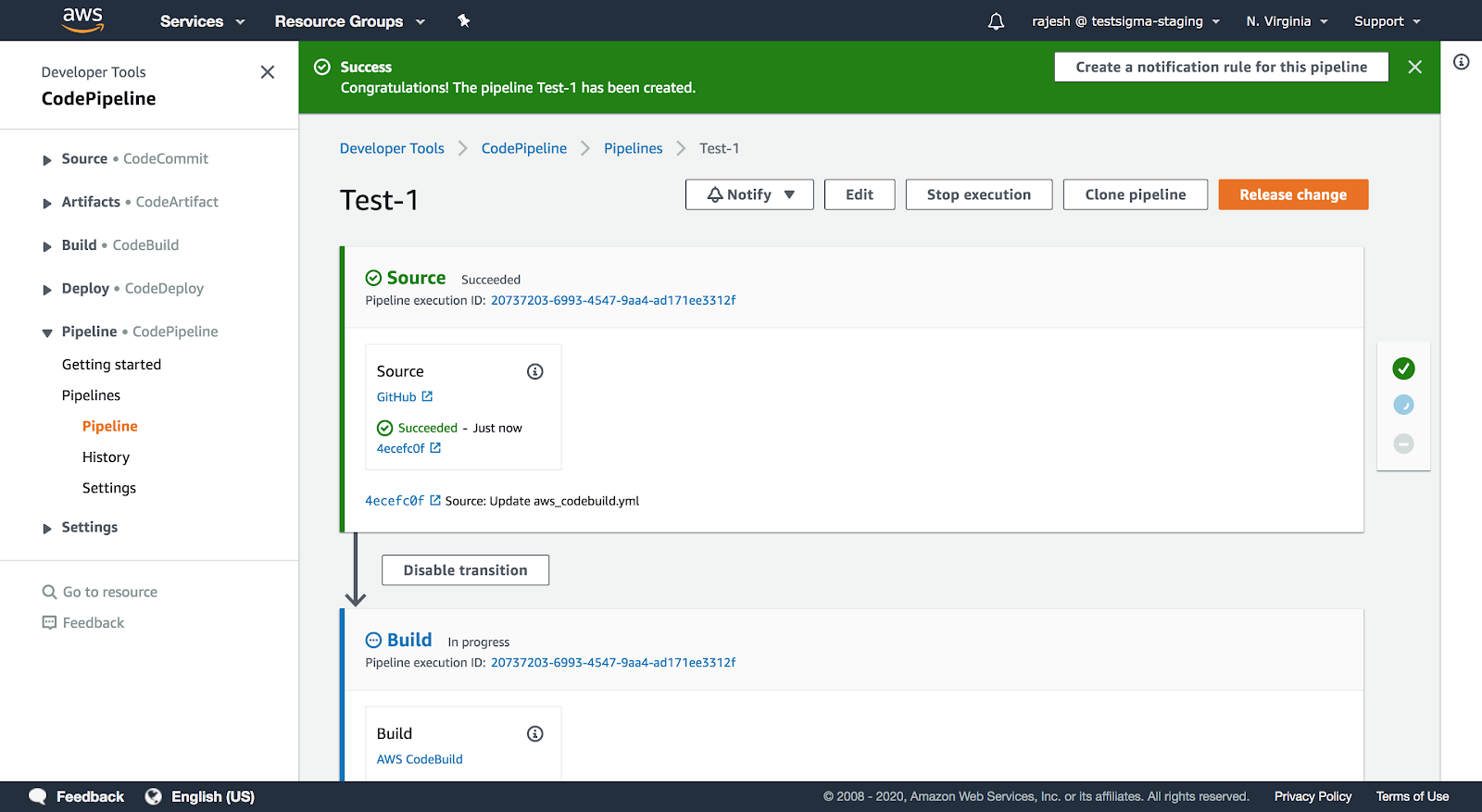 Run triggered after creating pipeline in AWS DevOps