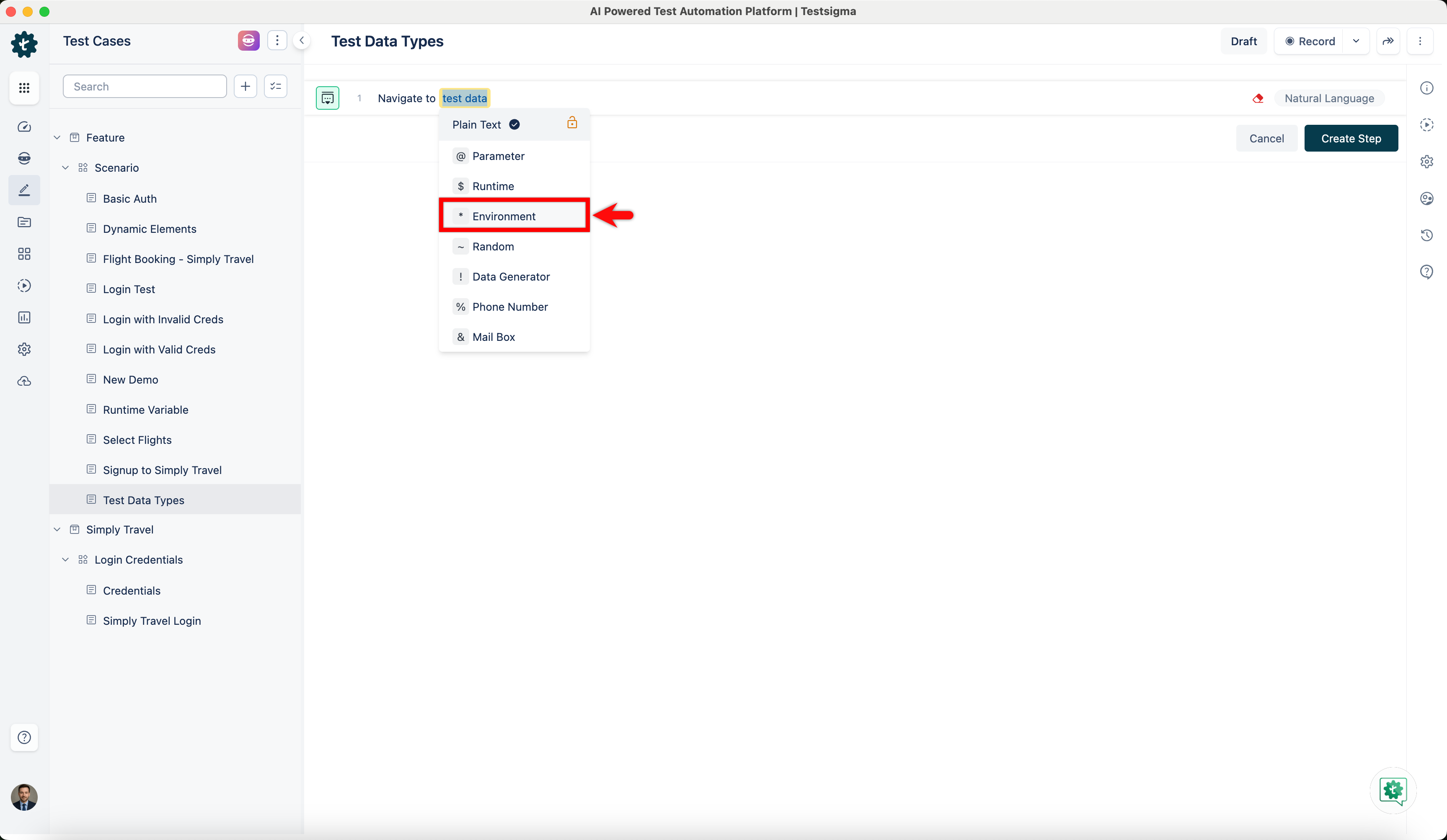 Environment Test data type