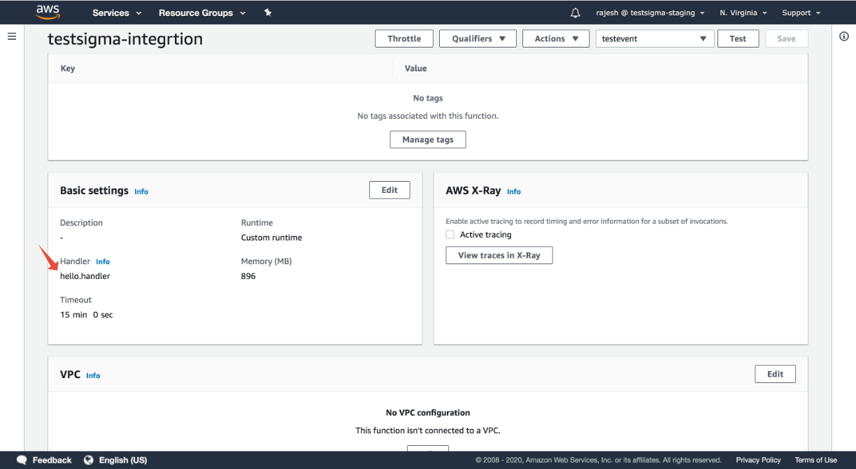 handler information for Testsigma integration in AWS Lambda