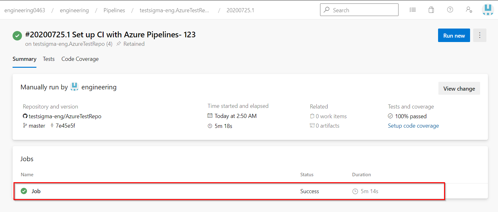 Job Status Success in Azure DevOps