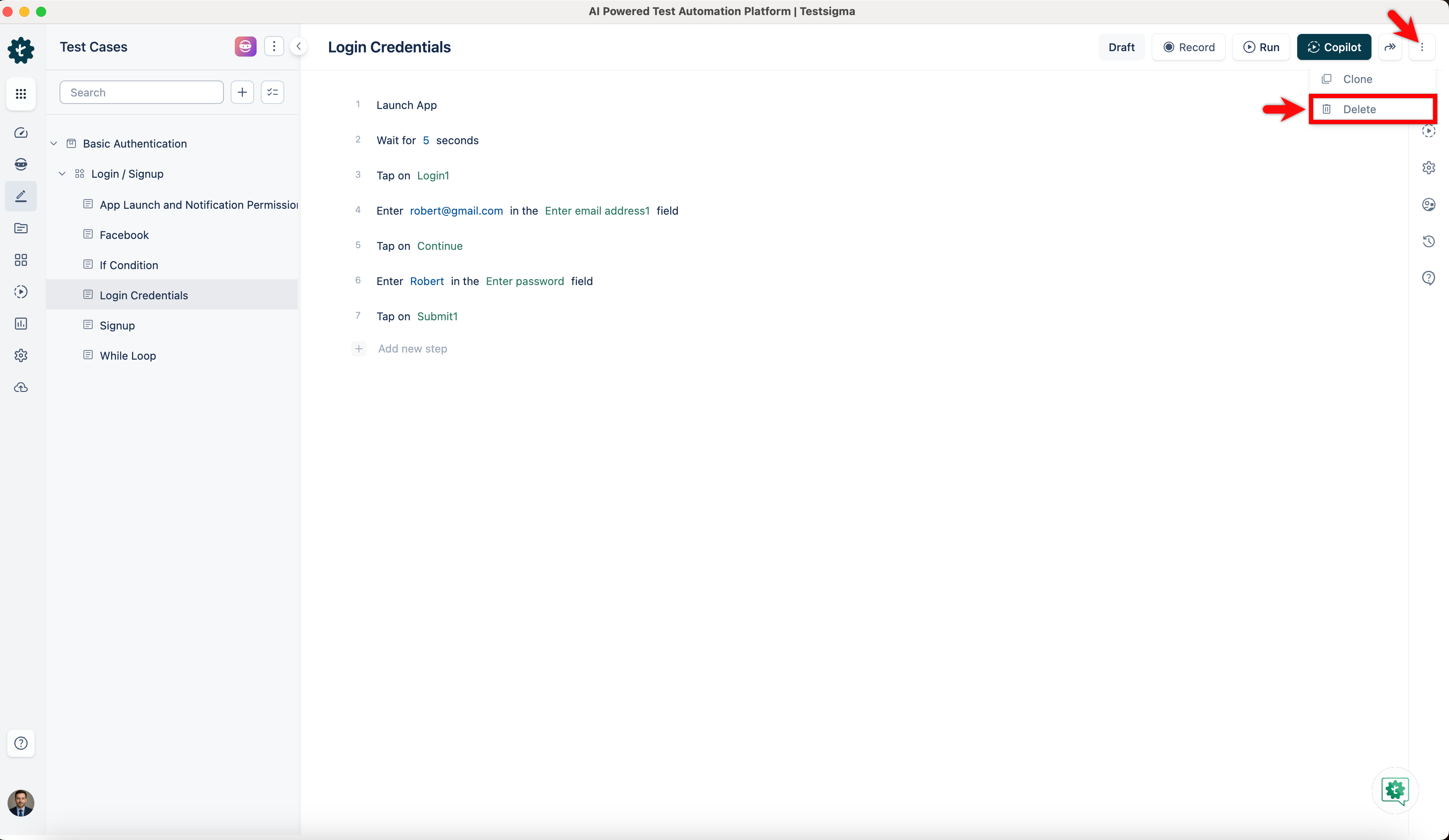 Delete Test Case from Case Page