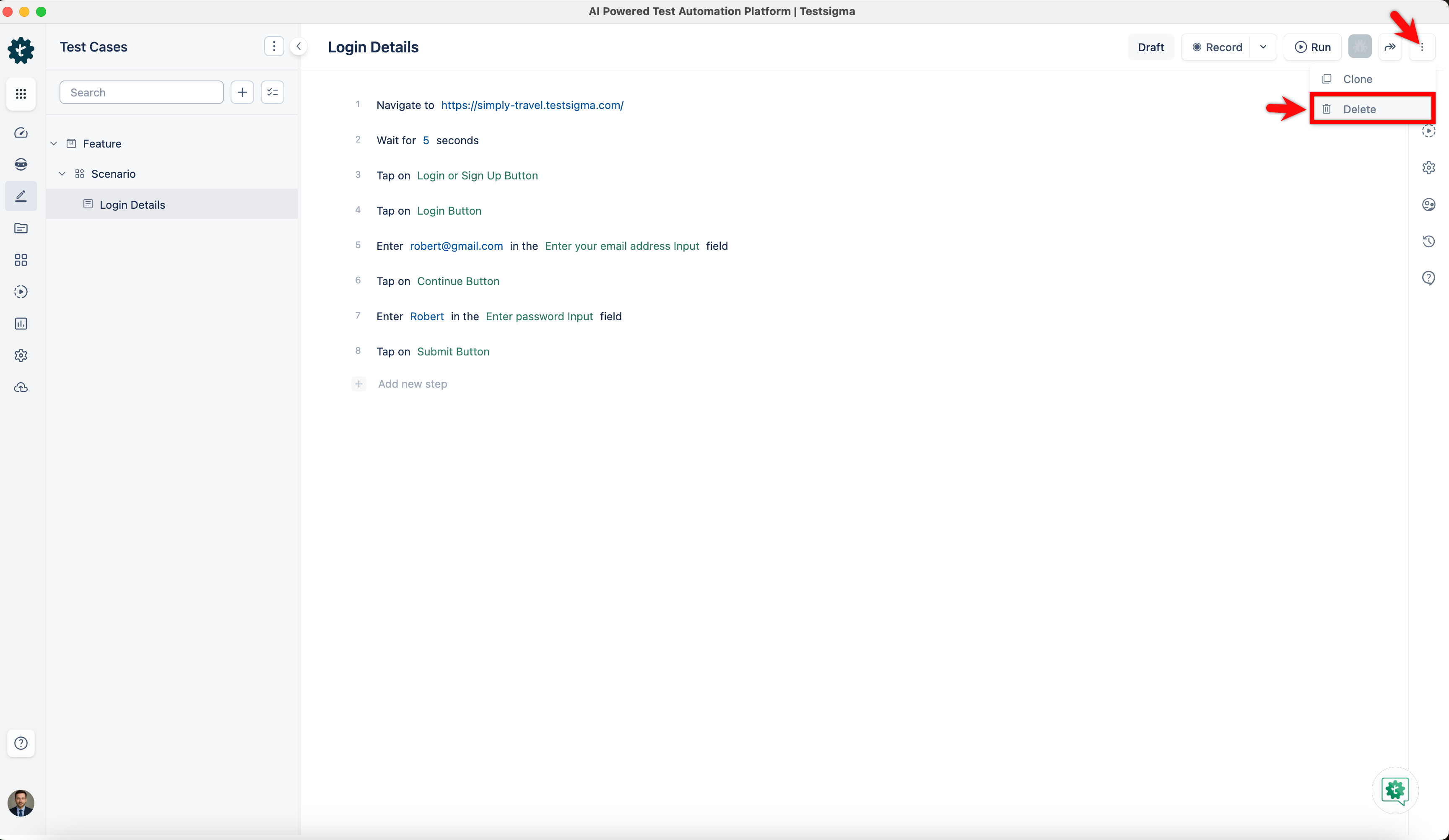 Delete Test Case from Case Page