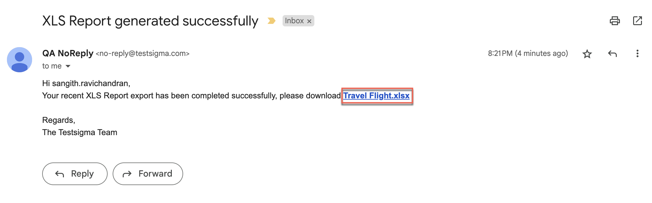 notify XLS report in email