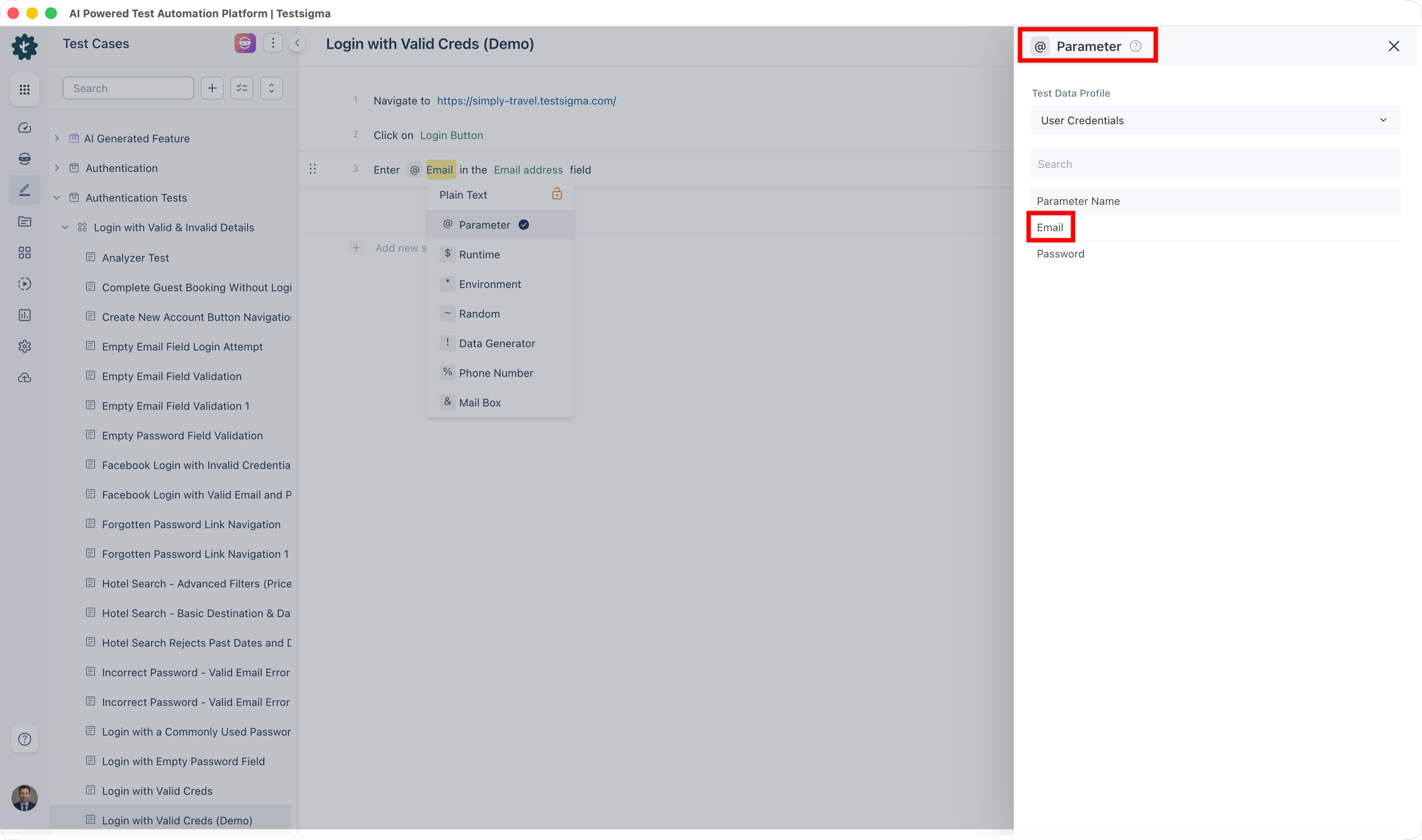 Parameter Testdata Type