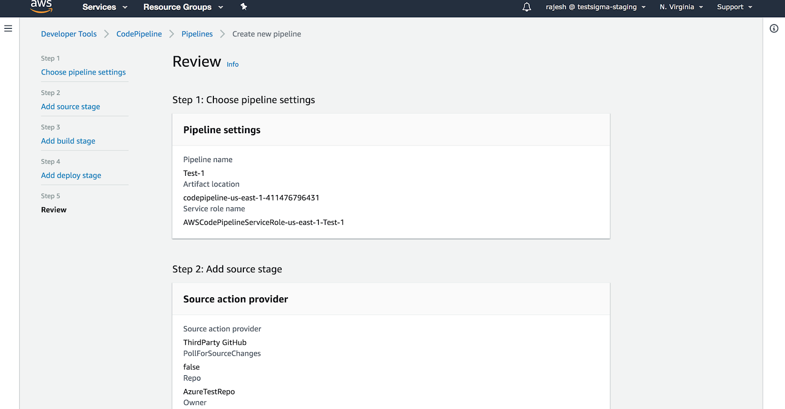 review pipeline settings in AWS DevOps