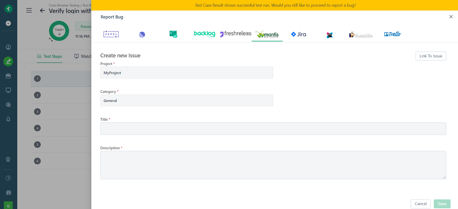 Sample Task reported from Testsigma Bug Reporting Integration in Test Results pag