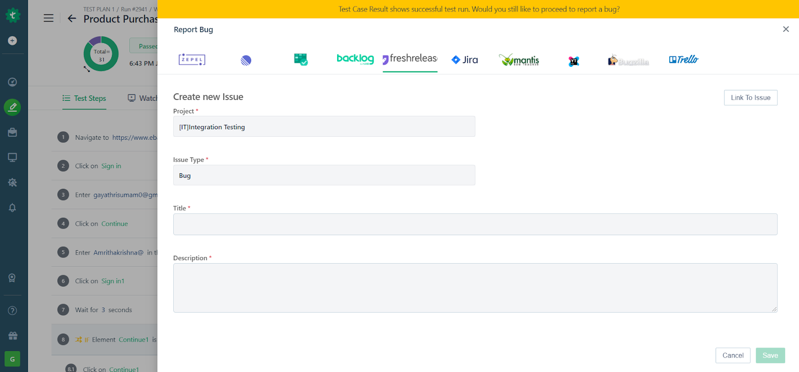 Sample Task reported from Testsigma Bug Reporting Integration in Test Results page 