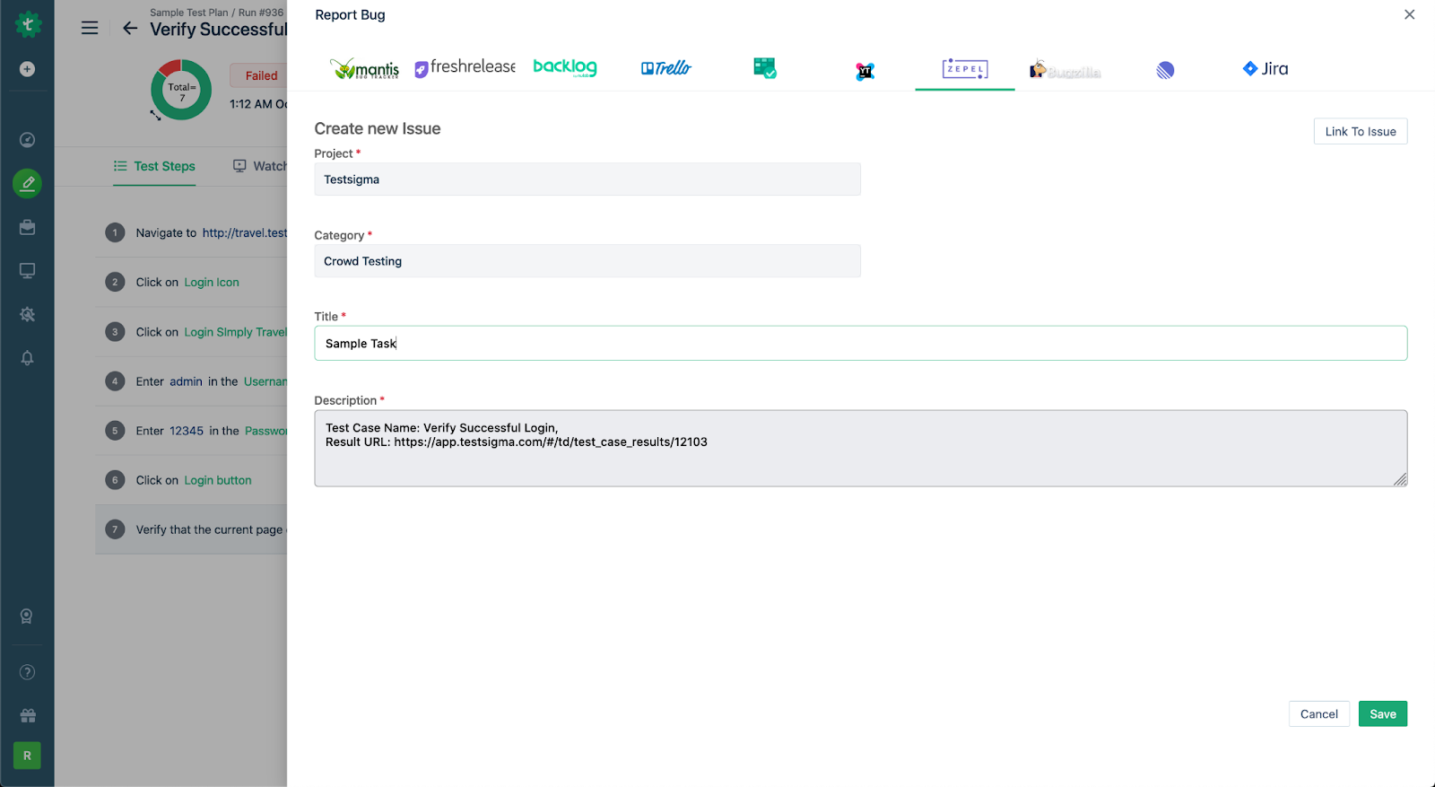 Sample Task reported from Testsigma Bug Reporting Integration in Test Results page
