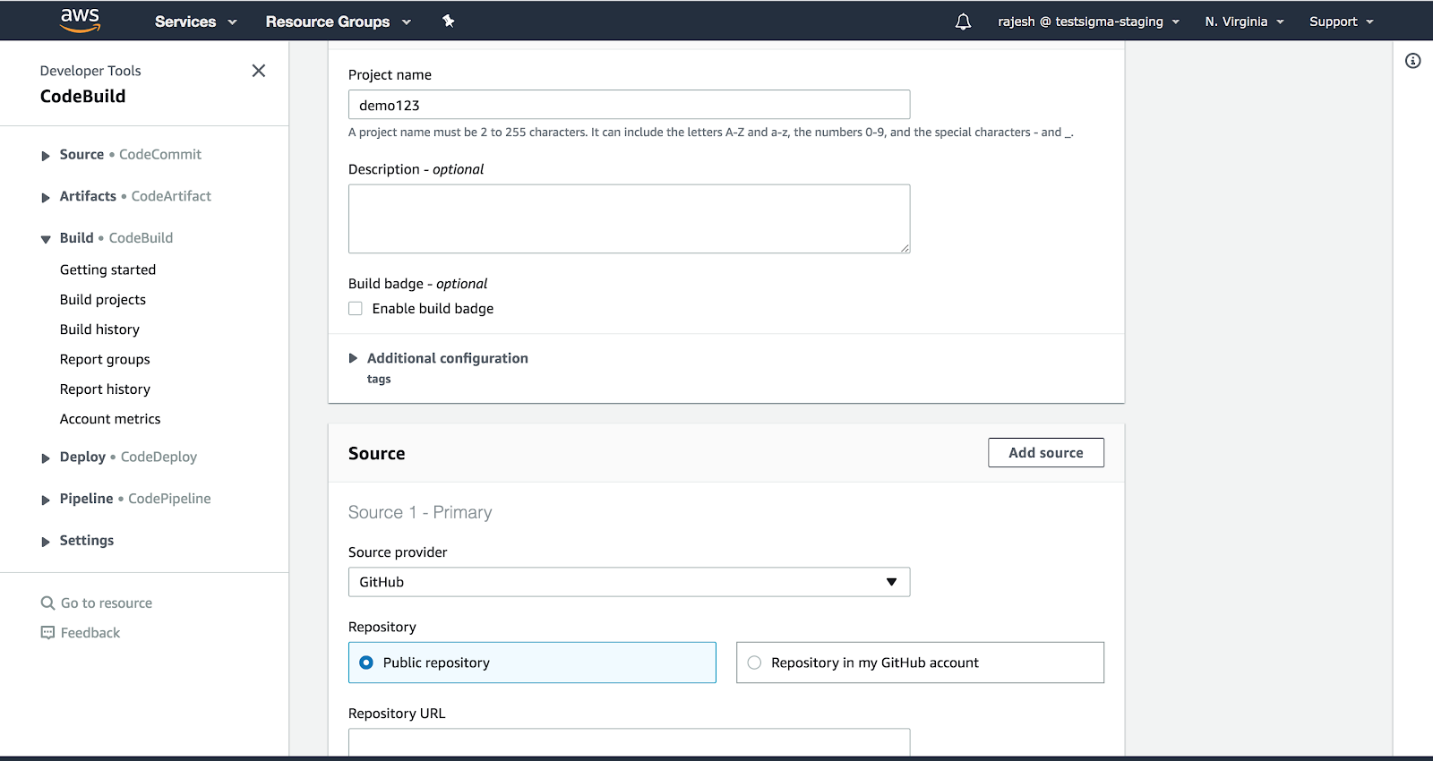project configuration details in AWS DevOps