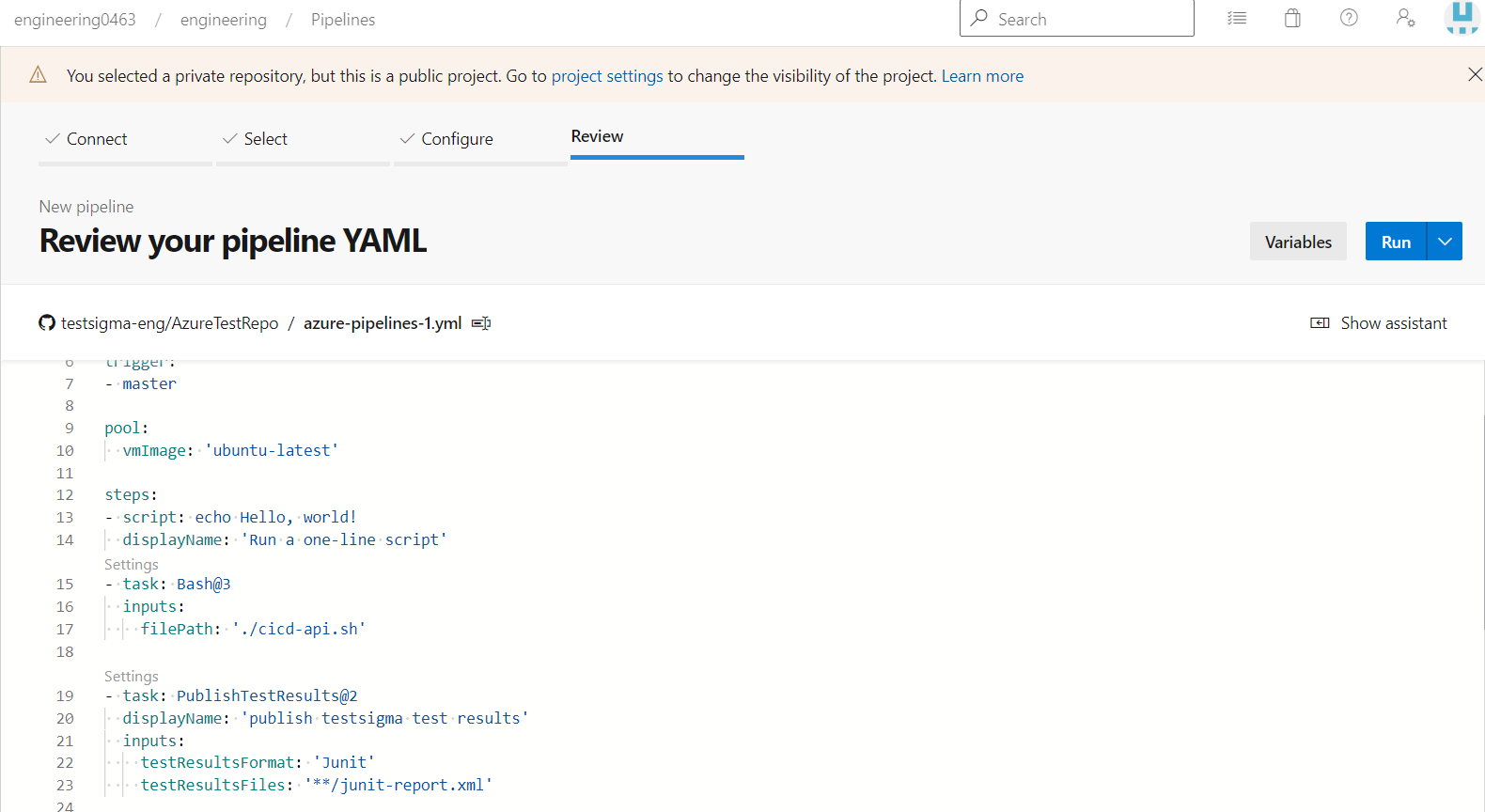 Review CI configuration in Azure DevOps