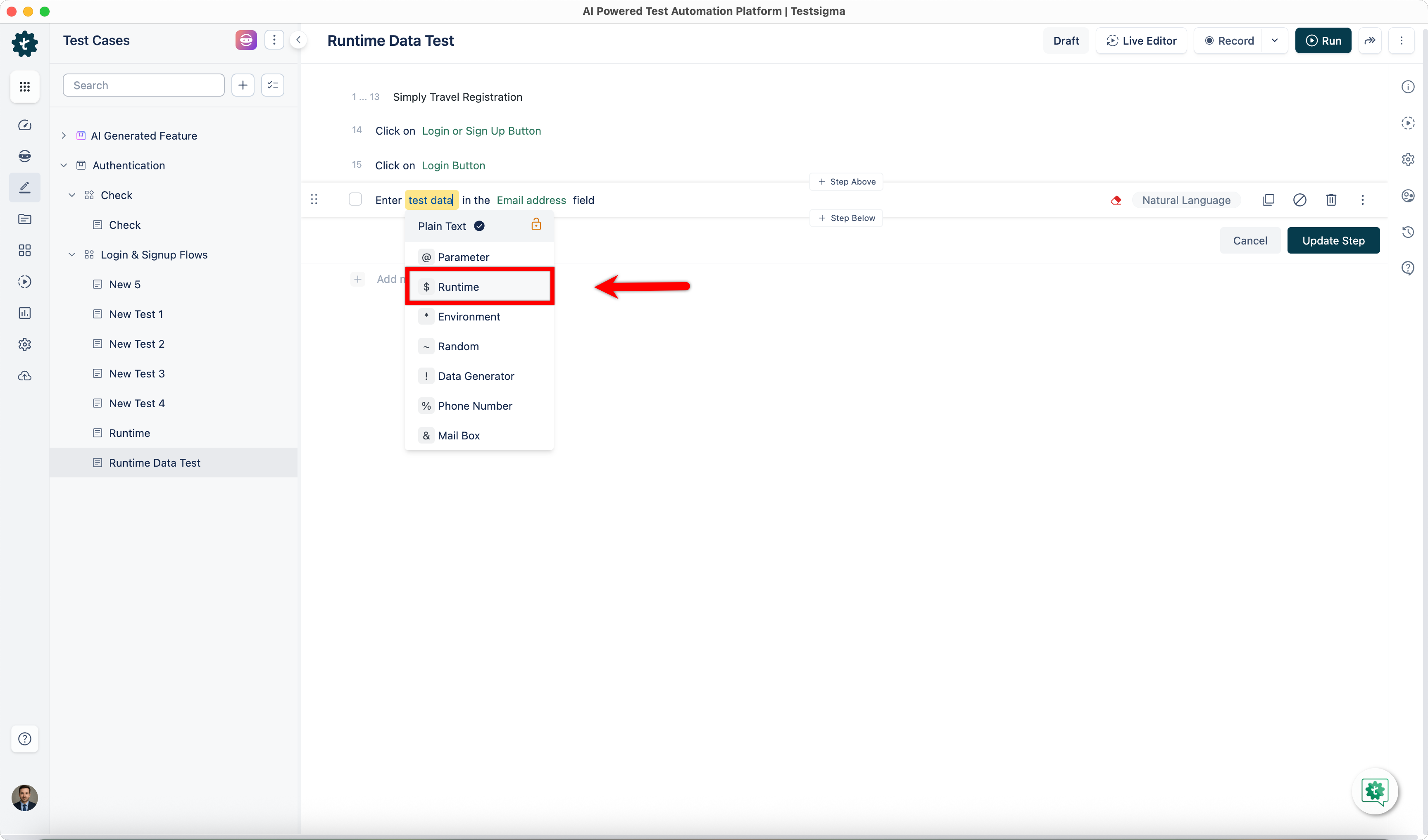 Runtime Test Data Type