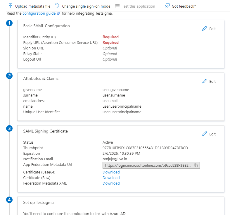 SAML configuration settings for Testsigma