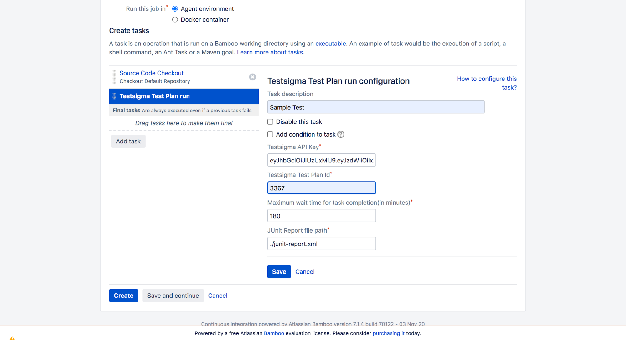 save task details in Bamboo CI