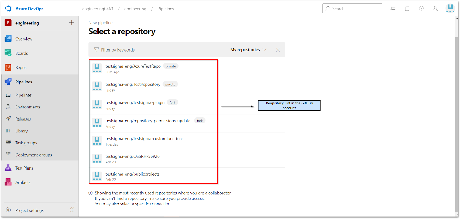 select repository in Azure DevOps