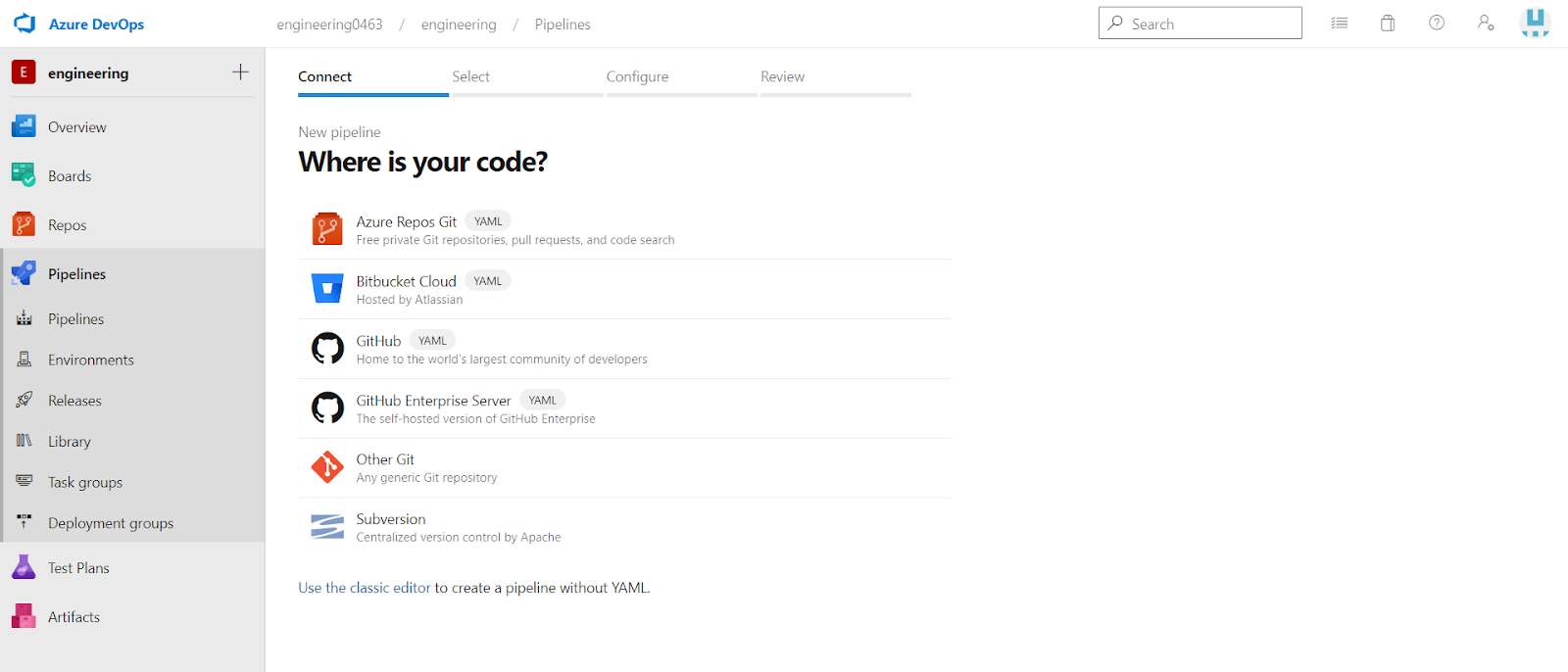 select version control system in Azure Devops