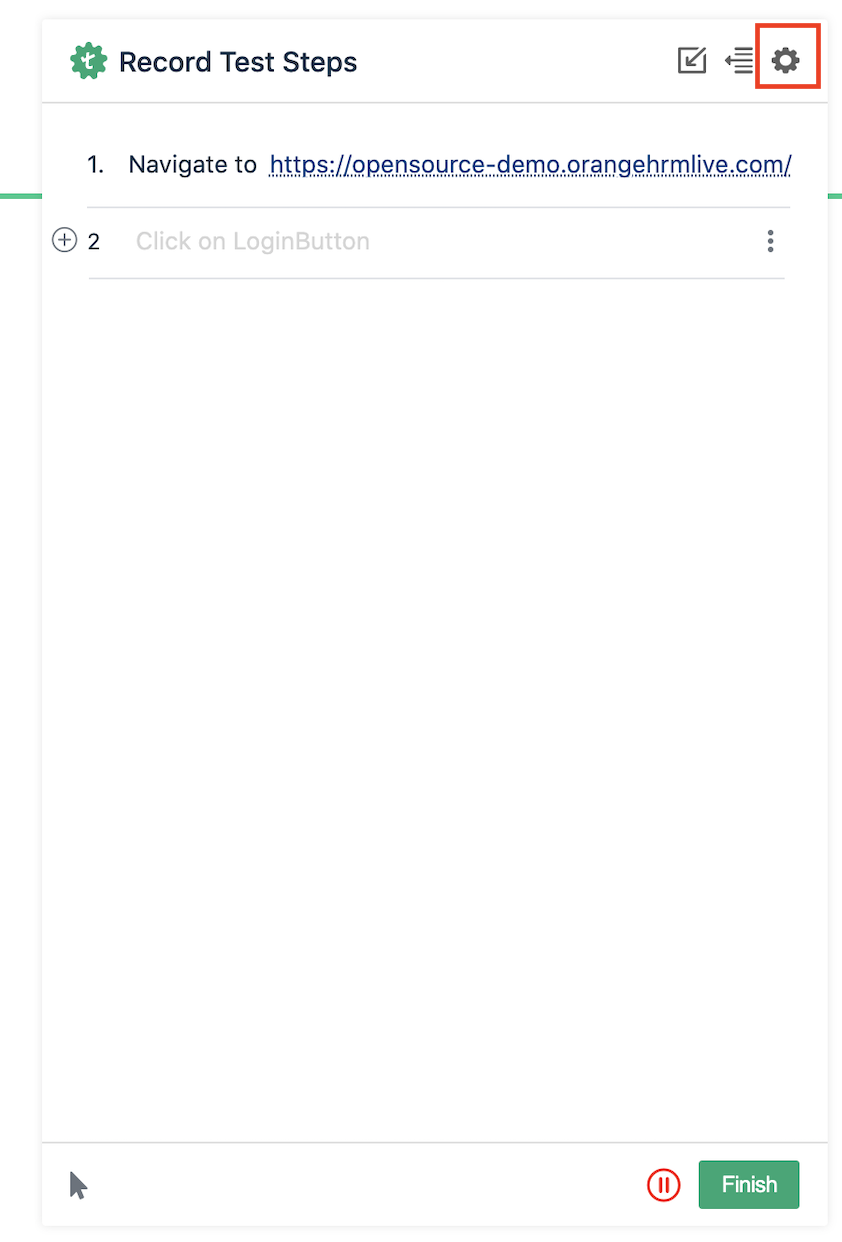 Settings button highlighted for excluding attributes and classes in Testsigma recorder