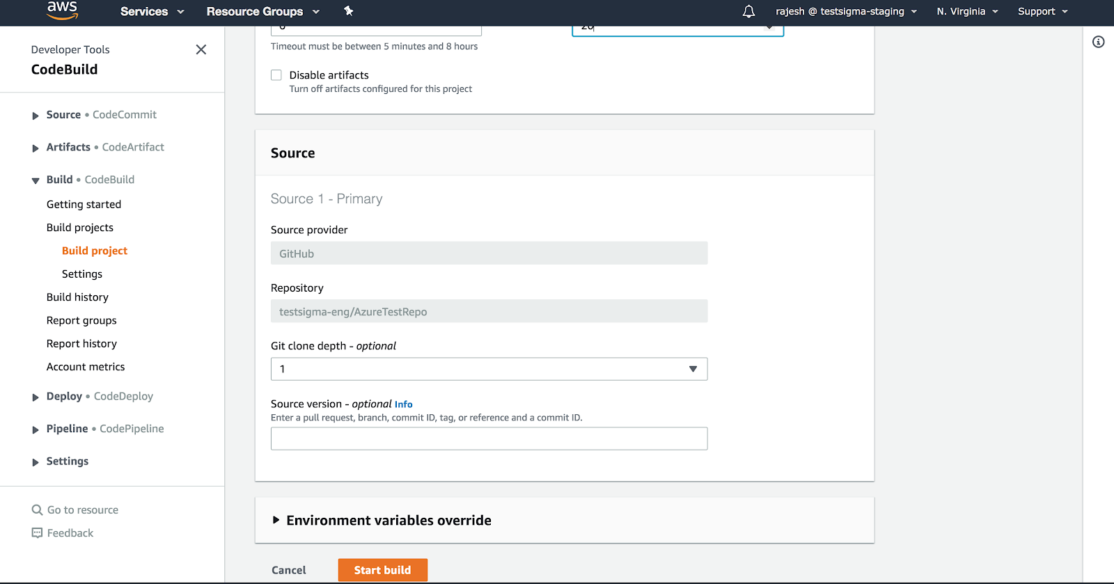 start build button in AWS DevOps