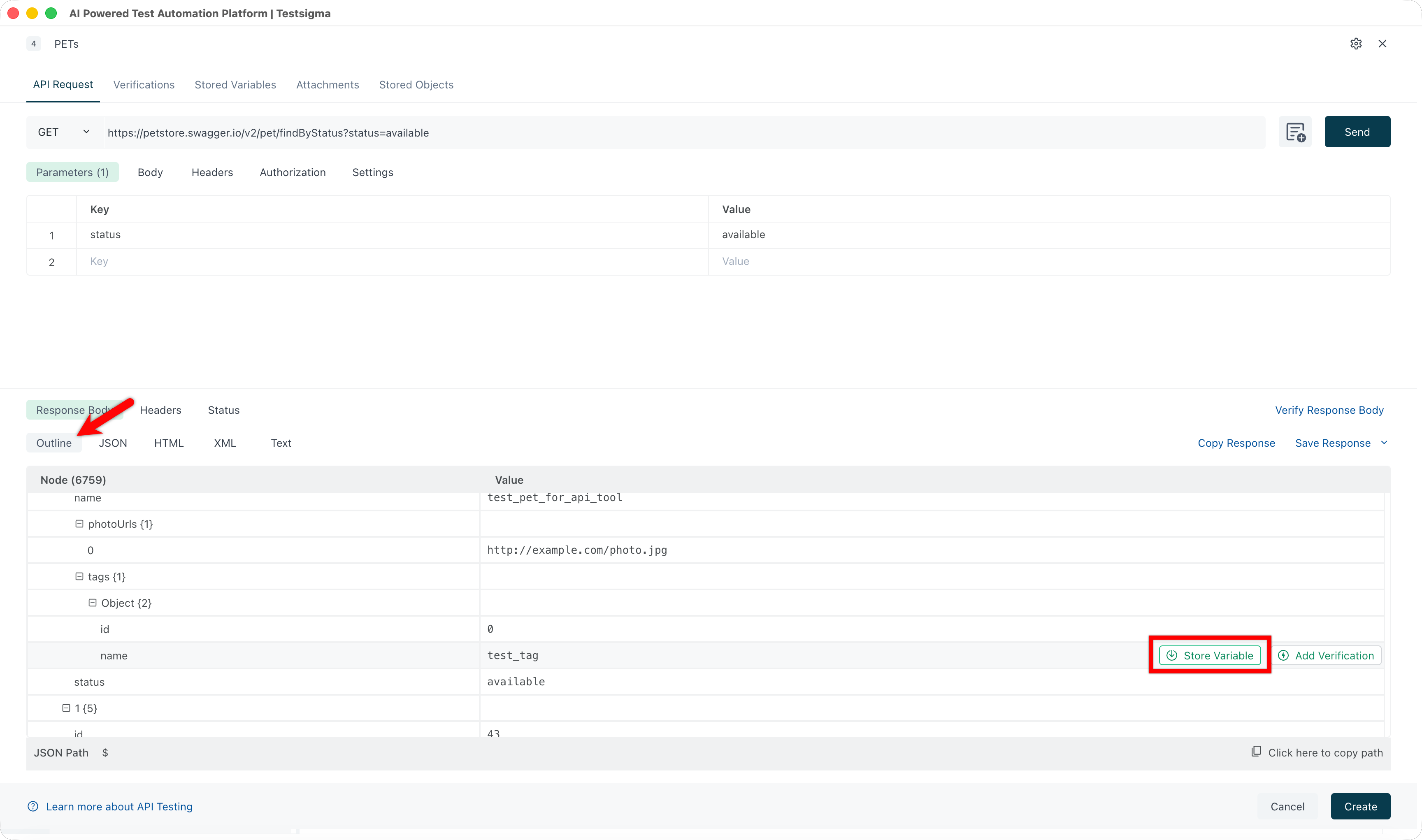 store response body in tab