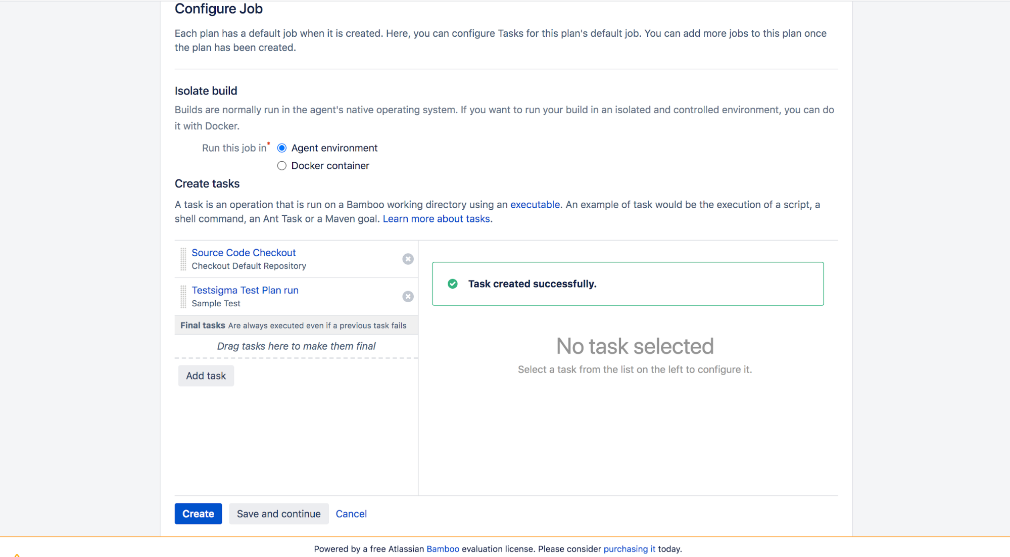 task created successfully in Bamboo CI