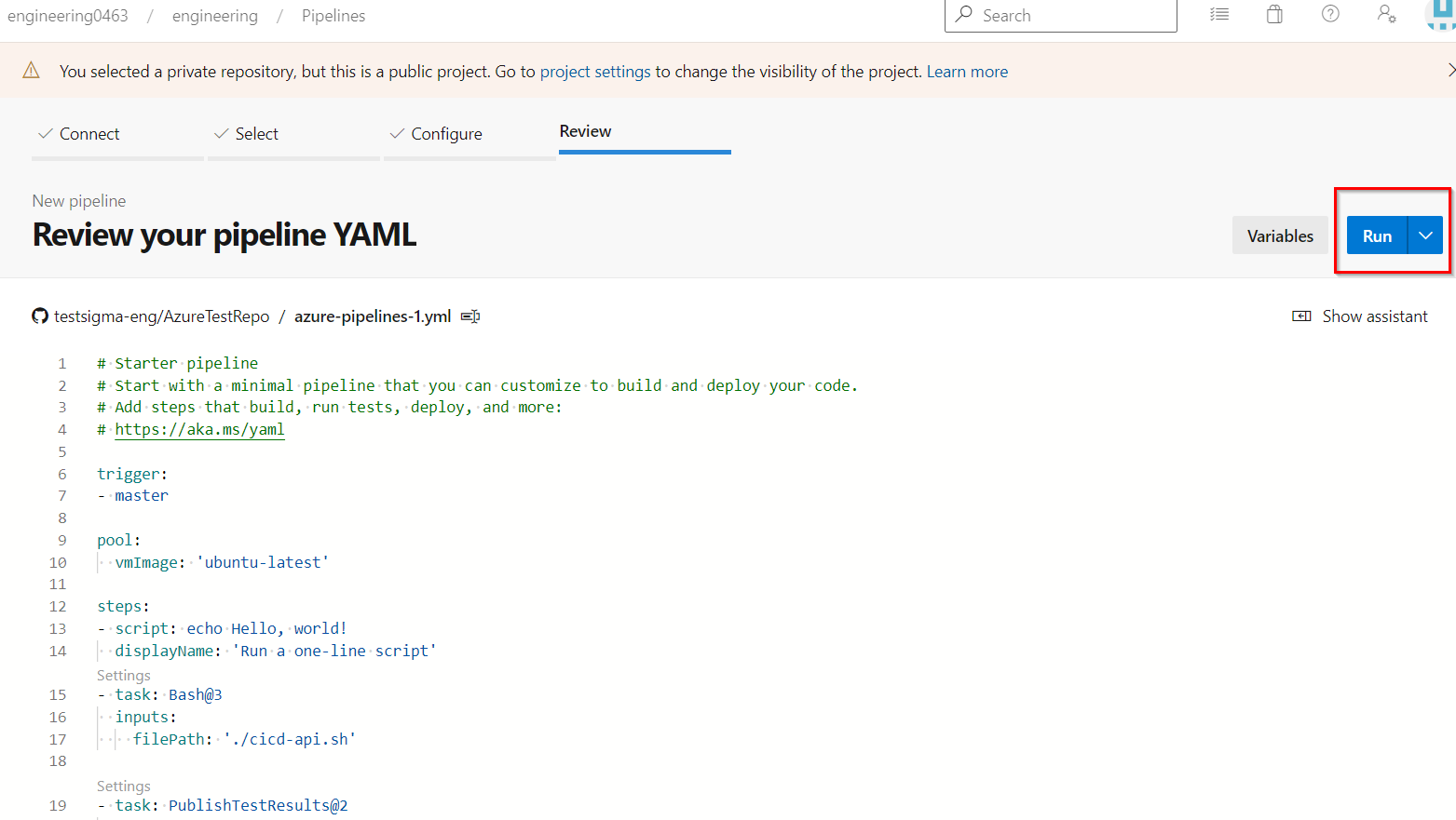 test configuration in Azure DevOps