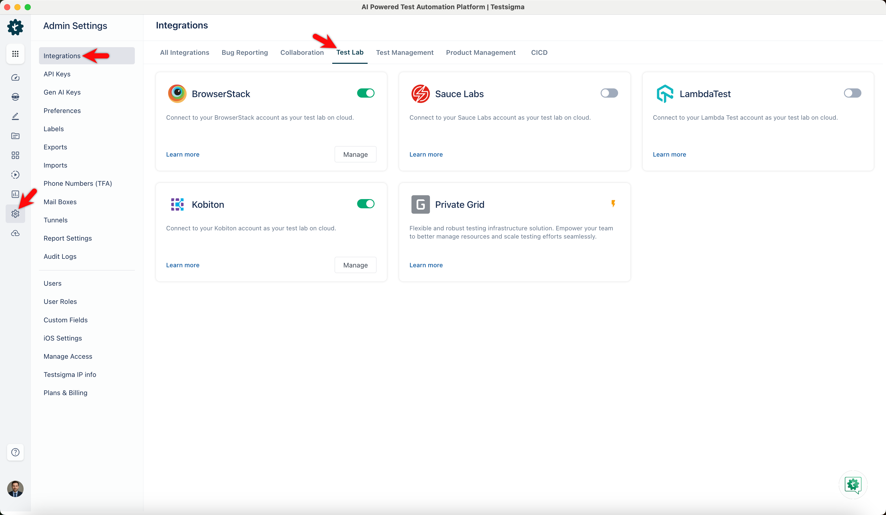 Test lab tab to run on cloud vendor platforms in Testsigma
