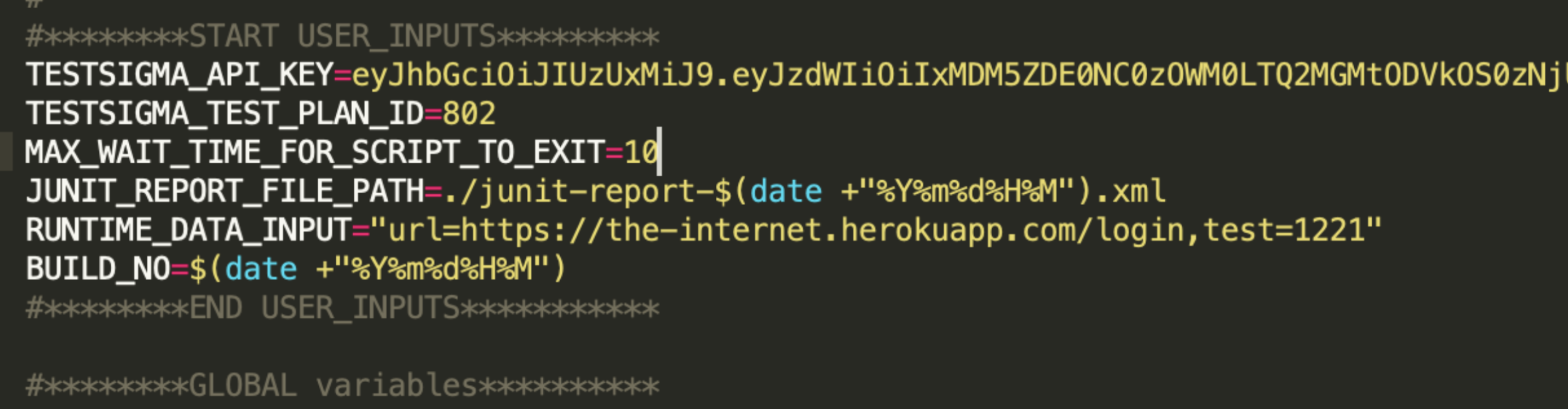 test plan API key and other parameters in Testsigma