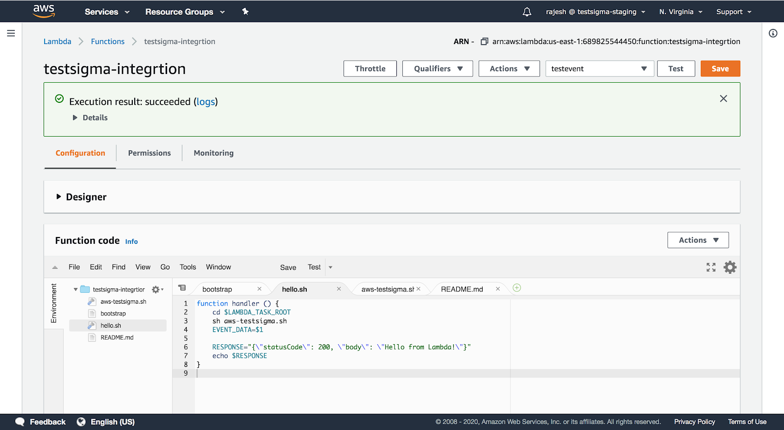 test Testsigma integration in AWS Lambda